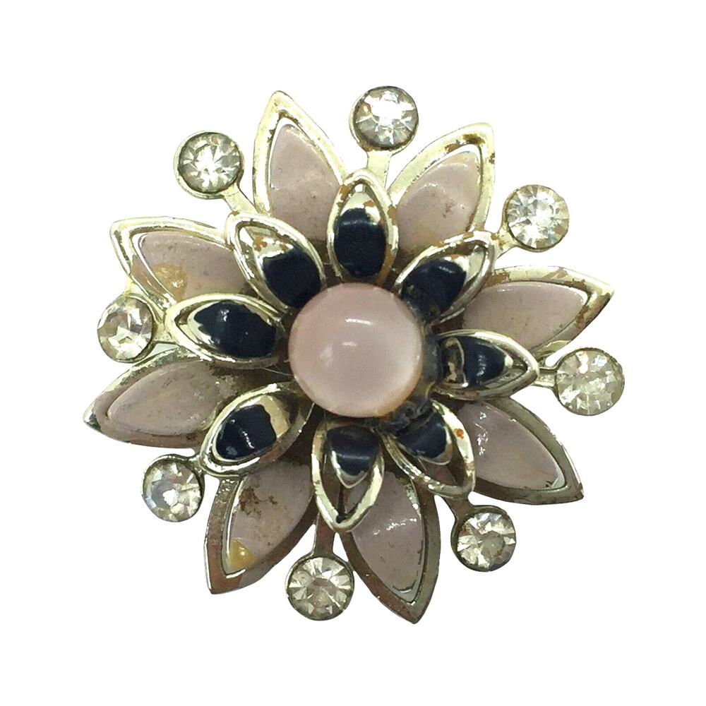 Atomic Floral Brooch Pin Vintage Gold Tone Blush Enamel Rhinestone Retro Chic